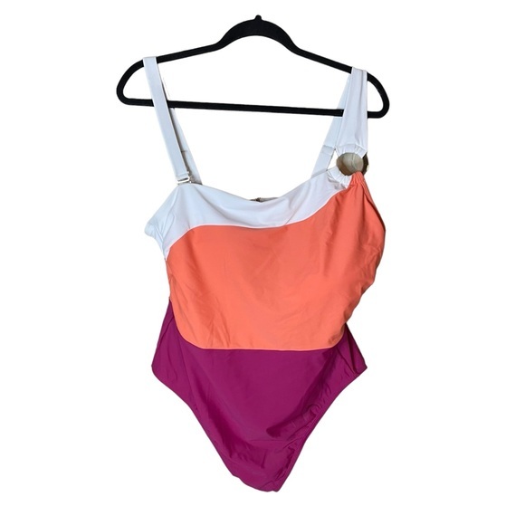 Terra & Sky One Piece Swim Suit Bathing Suit Size 1X White Coral Raspberry Color - Picture 1 of 6